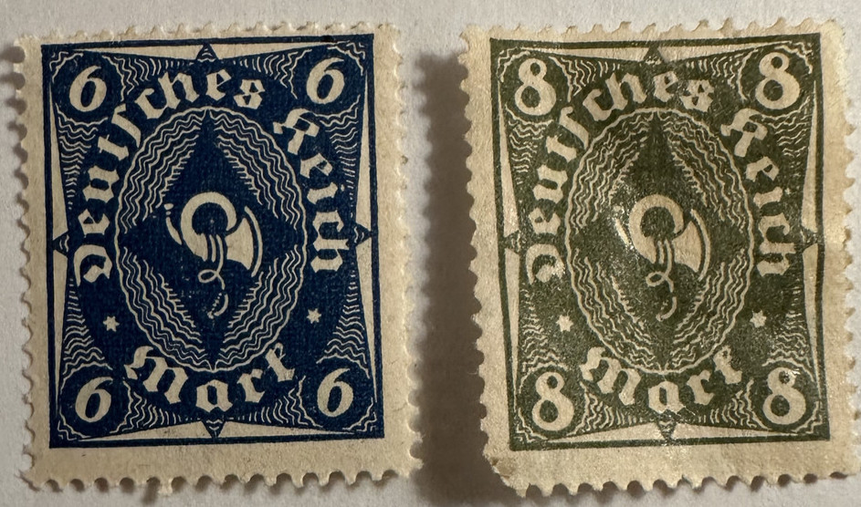 Germany SC: 189 Deutsches Reich Mark Post Horn 6 MNH & 8 Mk used 1922 Stamp (2)