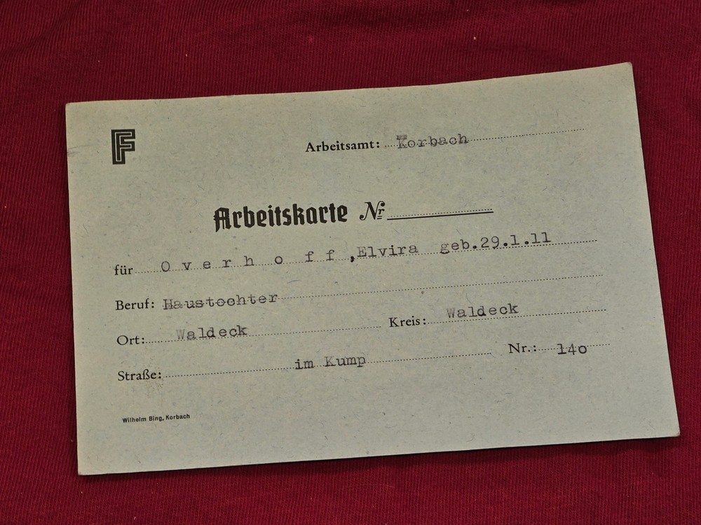 WWII German Third Reich Arbeitskarte Work Card Waldeck