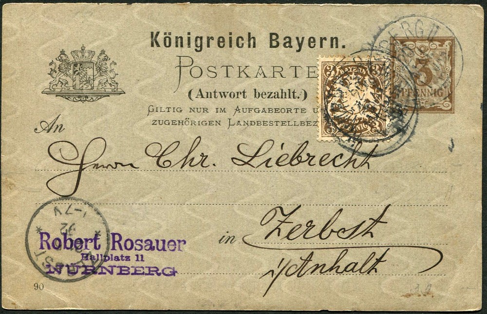 Bavaria 1892 Stationery Postal Card Nuremberg to Zerbst Philatelic Mail Germany