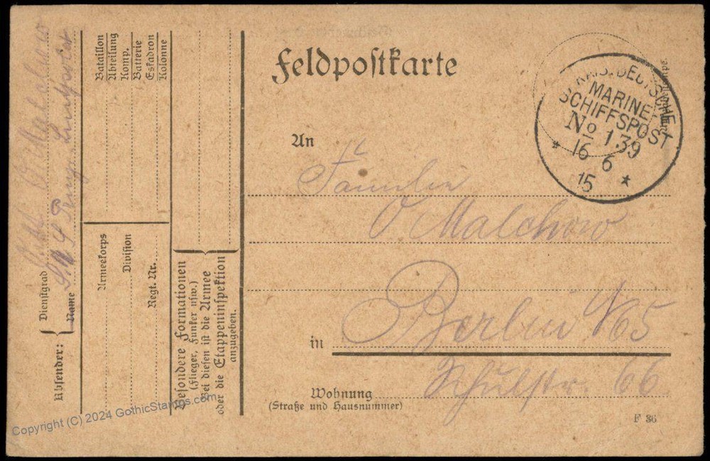 Germany WWI 1915 Navy SMS Prinzregent Luitpold MSP139 Feldpost Cover 75505