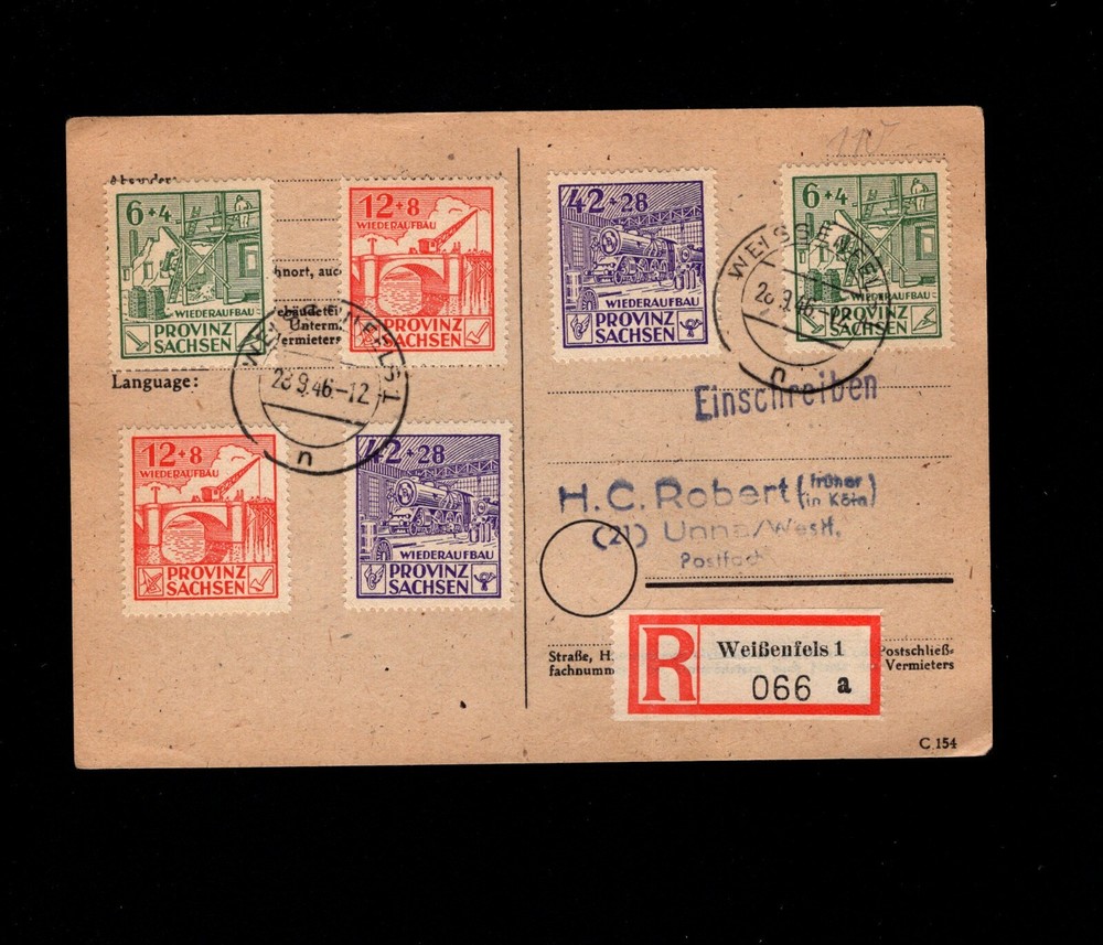 Germany Registered Card Welssenfels 066 Province Saxony USSR Occupier Card 8d