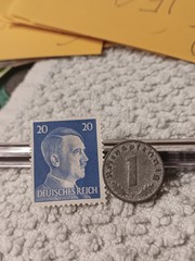 1942 German penny ~ 1 Pfenning ~ km#97 , WW2 Germany ~ + blue Stamp