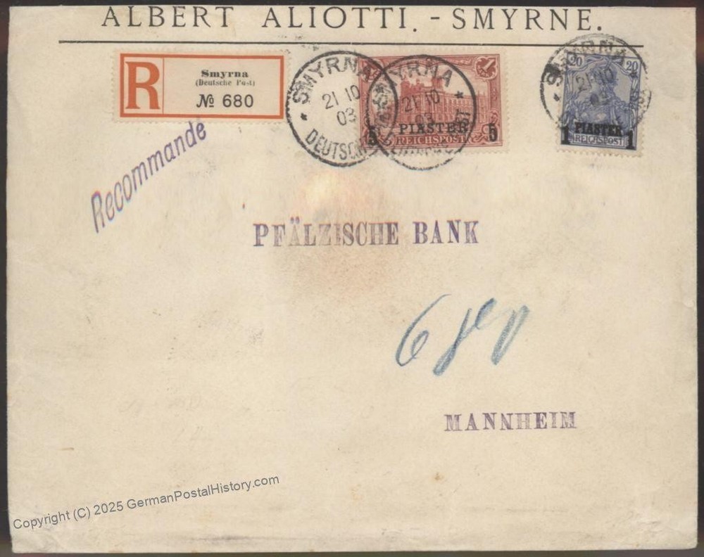 Germany 1903 Turkey SMYRNA Mi14II 20II Registered Cover 115063