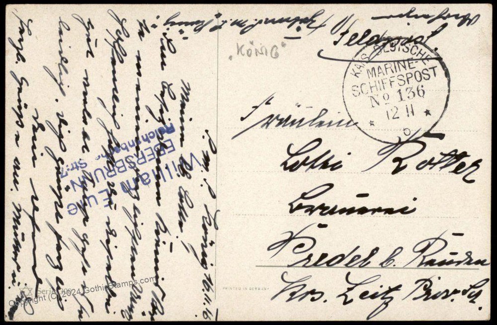 Germany WWI Navy SMS Koenig MSP136 Feldpost Cover 75502