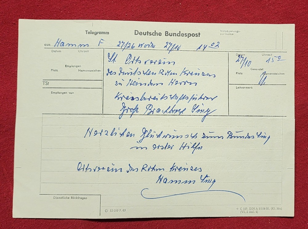 Post WW2 WWII German paper document Telegramm Deutsche Bundespost