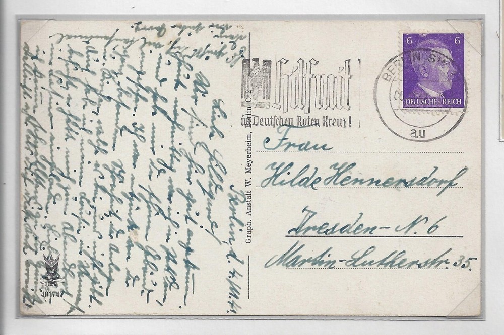 1941 DRK (German Red Cross) slogan cancel on PPC, Berlin to Dresden, #510.(7/110