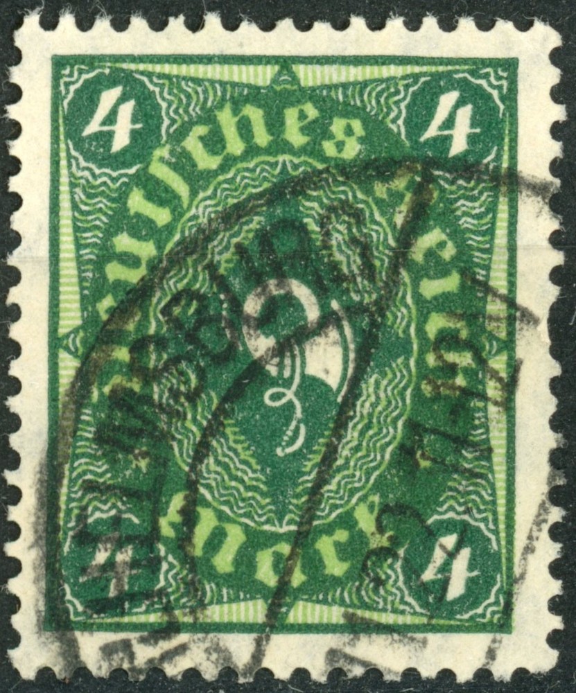 Germany 1921 #152 4m deep green & yellow green, Post Horn, wmk 125 lozenges,used