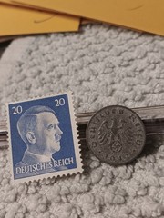1942 German penny ~ 1 Pfenning ~ km#97 , WW2 Germany ~ + blue Stamp