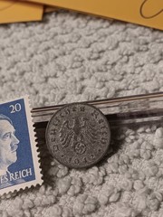 1942 German penny ~ 1 Pfenning ~ km#97 , WW2 Germany ~ + blue Stamp