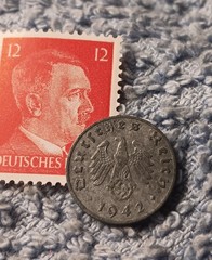 1942 German penny ~ 1 Pfenning ~ km#97 , WW2 Germany ~ + Red 12pf. Stamp