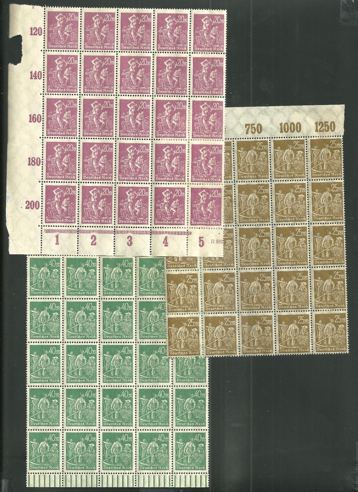 Vintage 1922-23 Germany Scott #224 225 & 227 Lot of 3 Blocks of 25 Stamps