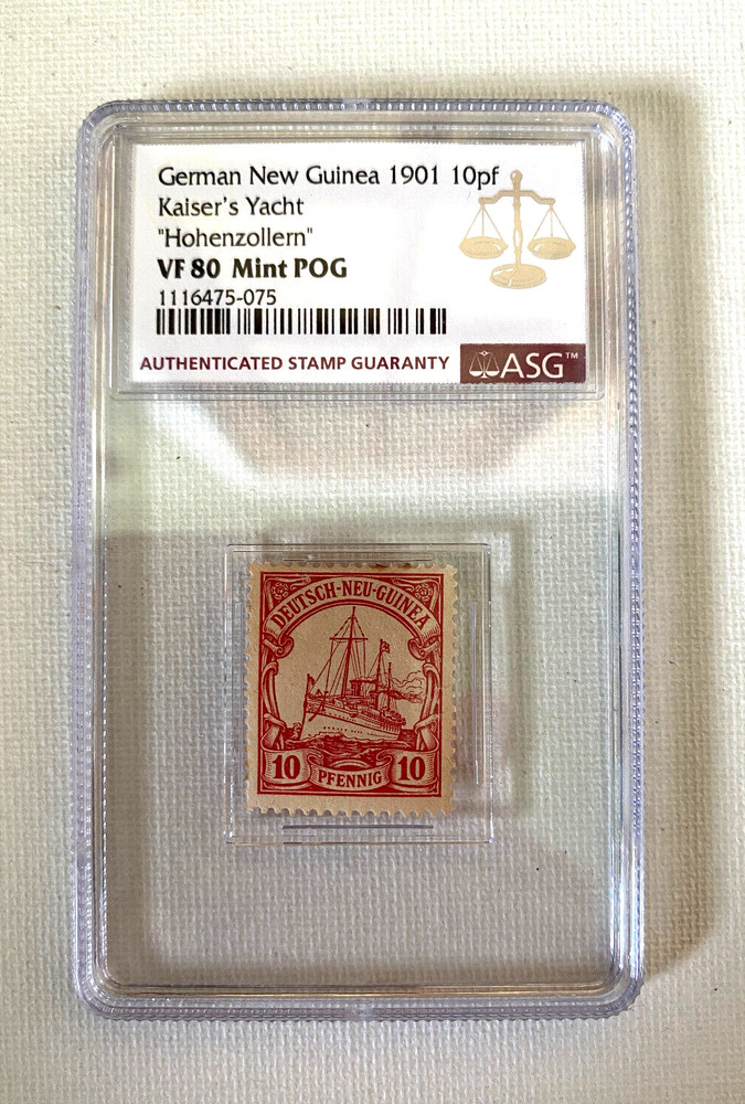 ASG VF 80 Mint POG German New Guinea 1901 10pf Stamp Kaiser’s Yacht Hohenzollern