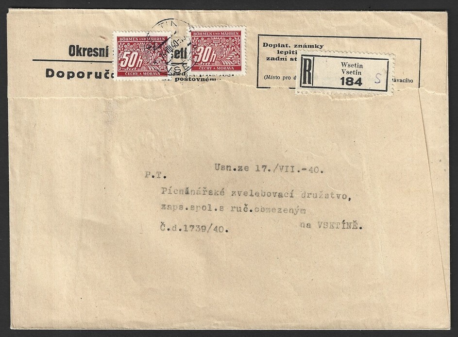 Bohemia & Moravia 1939 Postage Due 30h & 50h on 1940 cover. VSETIN registration