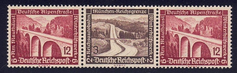Germany – 1936 ZdMiNr W118, 12pf Alpine road+3pf Autobahn, se-tenant trip of 3
