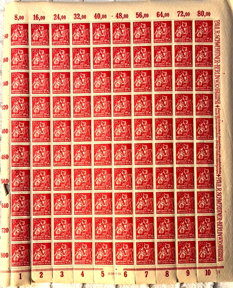 German Scott #145 Iron worker 80 pf Weimar Republic 1921 Full Sheet MNH