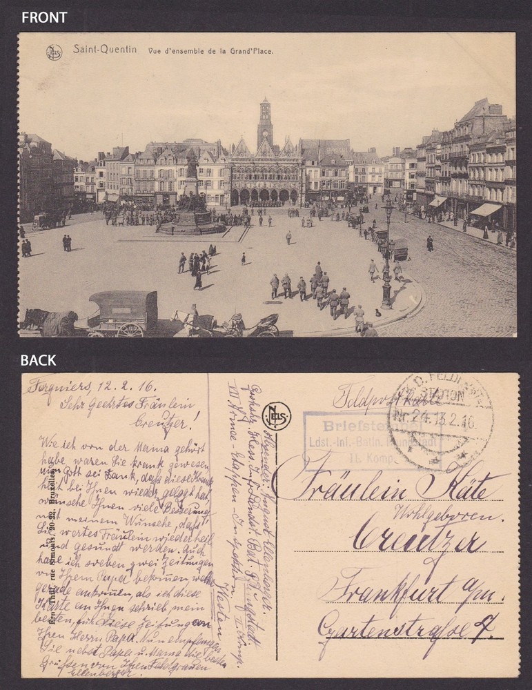 GERMANY 1916, Fieldpost card to Frankfurt, Saint-Quentin, France, WWI