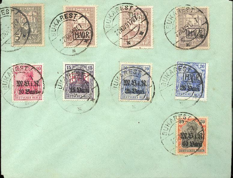 OCCUPATION WWI ROMANIA FORCED SURCHARGE STAMPS 1917 1-4 etc RECEIPT (48521