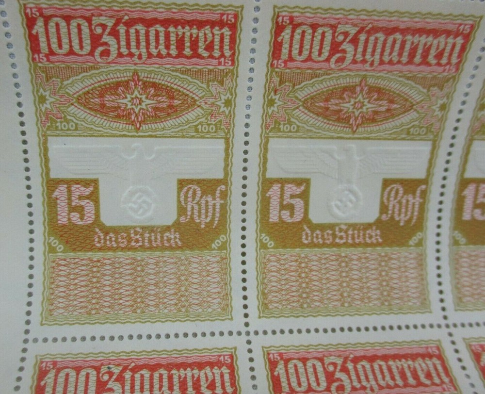 * Rare Uncut German Cigar Tax Revenue Stamp Sheet Embossed Eagle WW2 Nazi Era