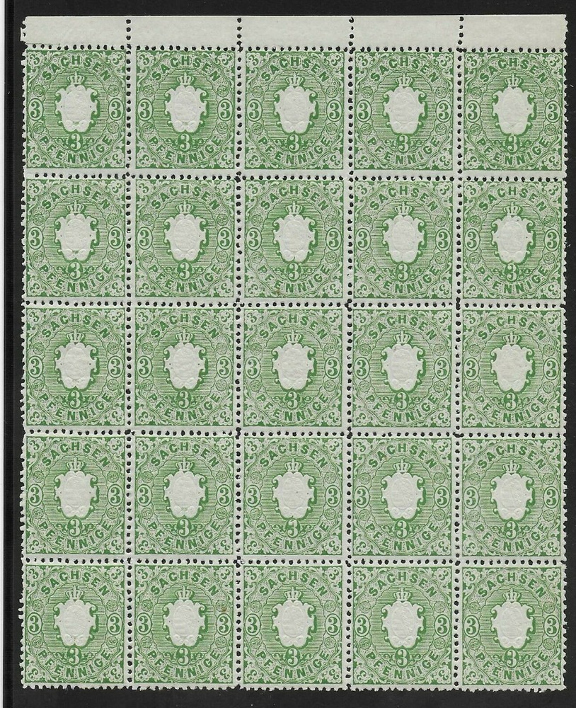 GERMANY- SAXONY. 1863. 3pf. GREEN MNH BLOCK OF 25. FINE CONDITION. SG31. (2881)
