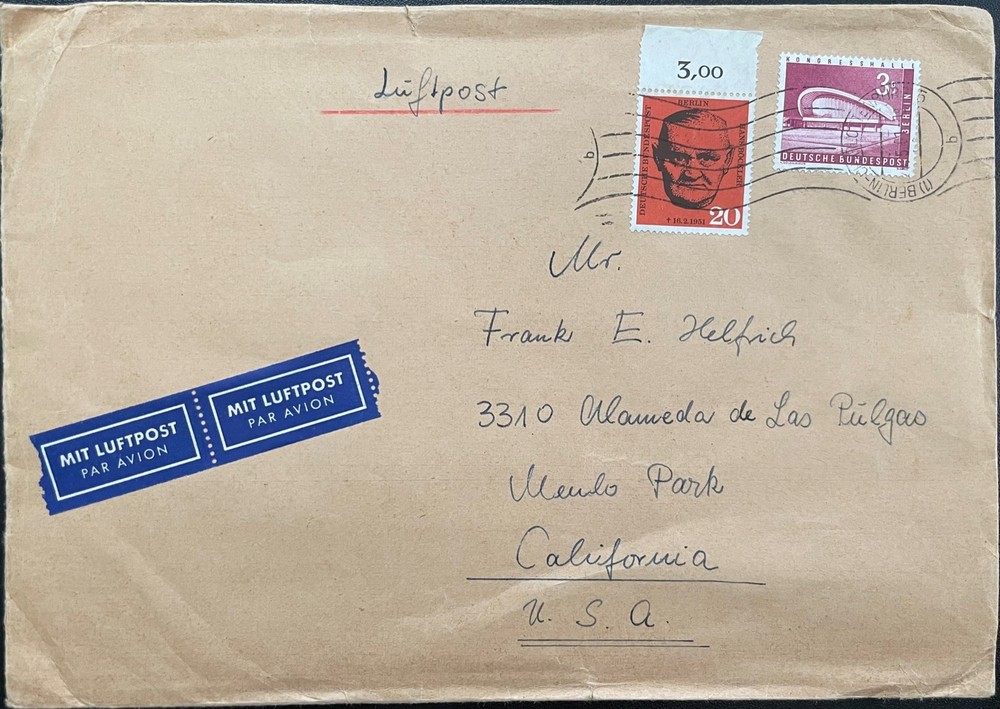 1961 Germany, Berlin #9N136,#175 on large cover to US; 3mark scarce on cover*d2