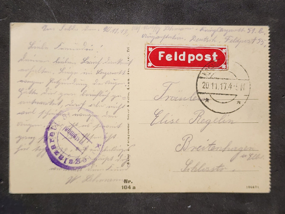 WW1 WWI Imperial German military mail soldiers feldpost war photo postcard 1917