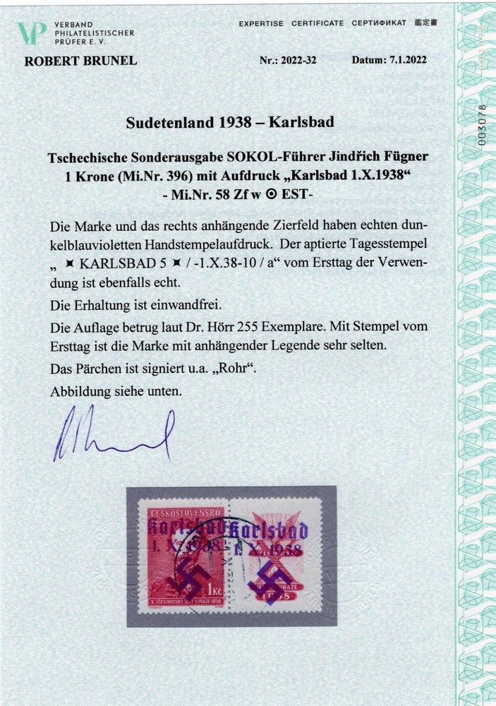 GERMANY OCC SUDETENLAND KARLSBAD RARE MICHEL 58 Zfw 1st DAY USED CERT BRUNEL