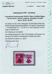 GERMANY OCC SUDETENLAND KARLSBAD RARE MICHEL 58 Zfw 1st DAY USED CERT BRUNEL