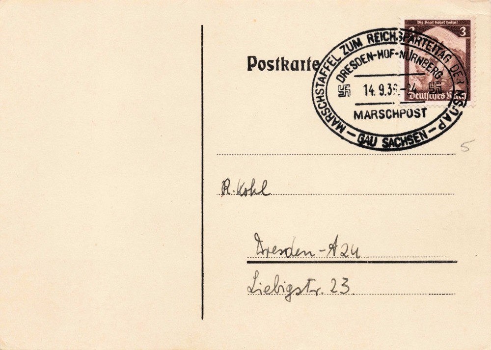 1936 special-event (propaganda) postcard Nazi Germany MI633 Marschpost Cancel