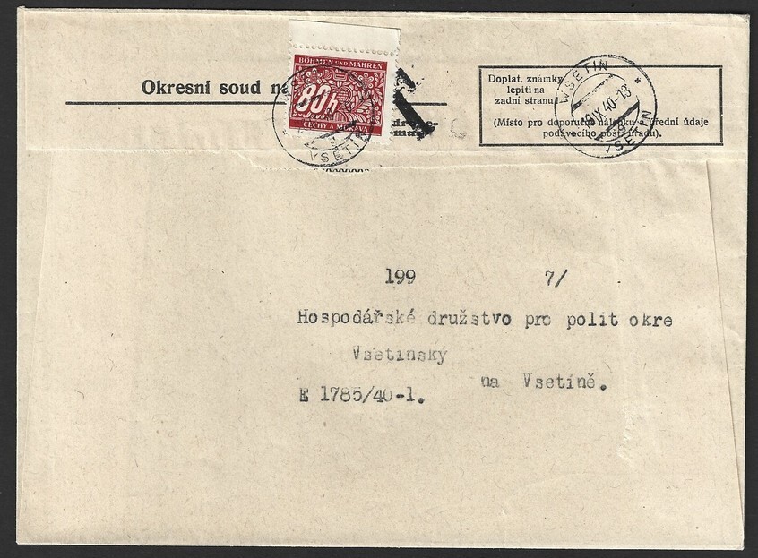 Bohemia & Moravia 1939 Postage Due 80h on 1940 cover to VSETIN
