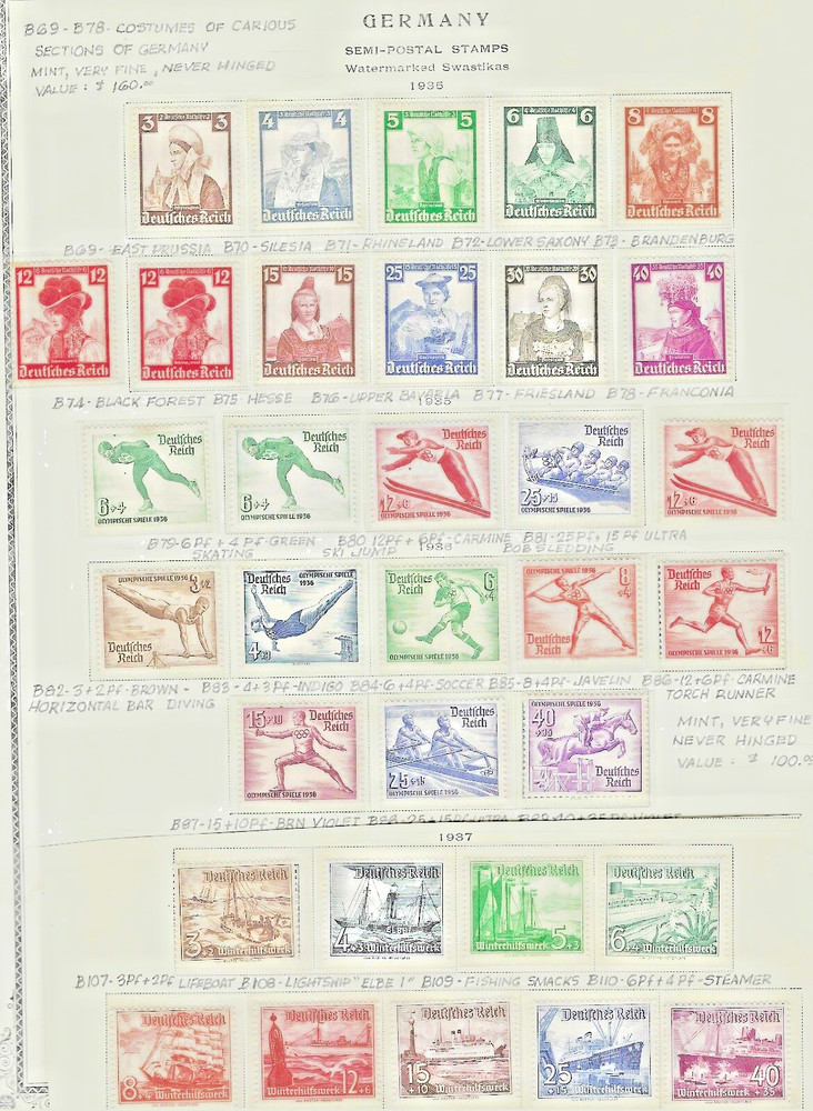 GERMANY 1935-1937 SEMI POSTALS 4 COMPLETE MINT SETS SC. B69-B89 B107-B115 L.H.