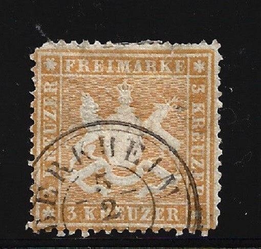 Wurttemberg Stamp-Scott # 20/A2-3kr-Canc/H-OG-1860- Perf. 13 1/2