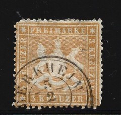 Wurttemberg Stamp-Scott # 20/A2-3kr-Canc/H-OG-1860- Perf. 13 1/2