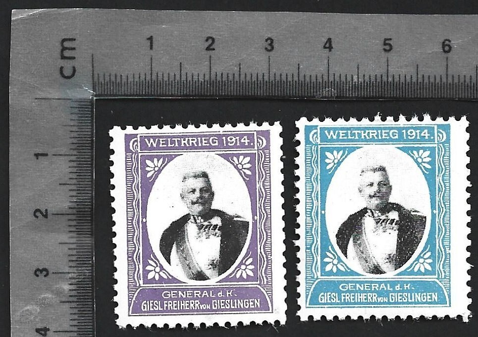 Germany WWI WELTKRIEG 1914 poster stamps (2) Gen Giesl Freiherr von Gieslinge