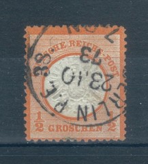 German Empire 1872 Arms embossed large shield 1/2g orange stamp. Used. Sg 18