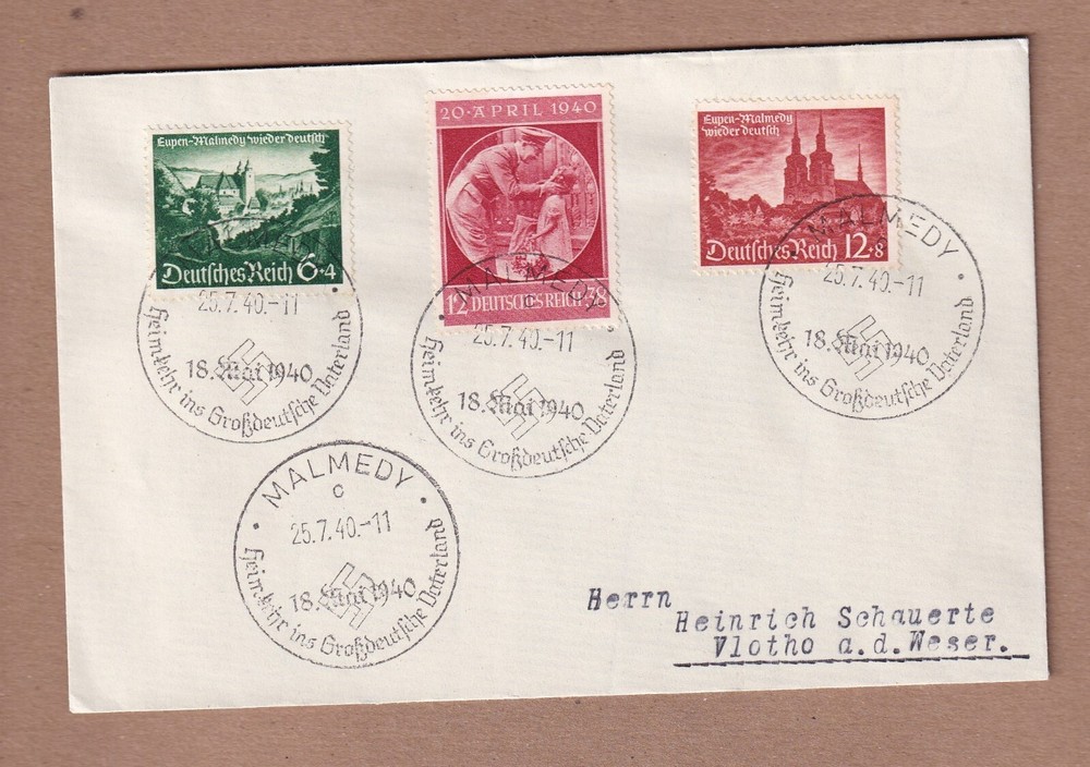 Germany Scott# B163, B165 & B170 – cover July 25 1940 Special Cancel – Malmedy