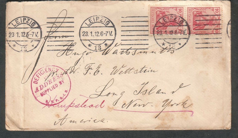 Germany 1912 deficiency in address cover Leipzig to Hempstead NY 493 cancel