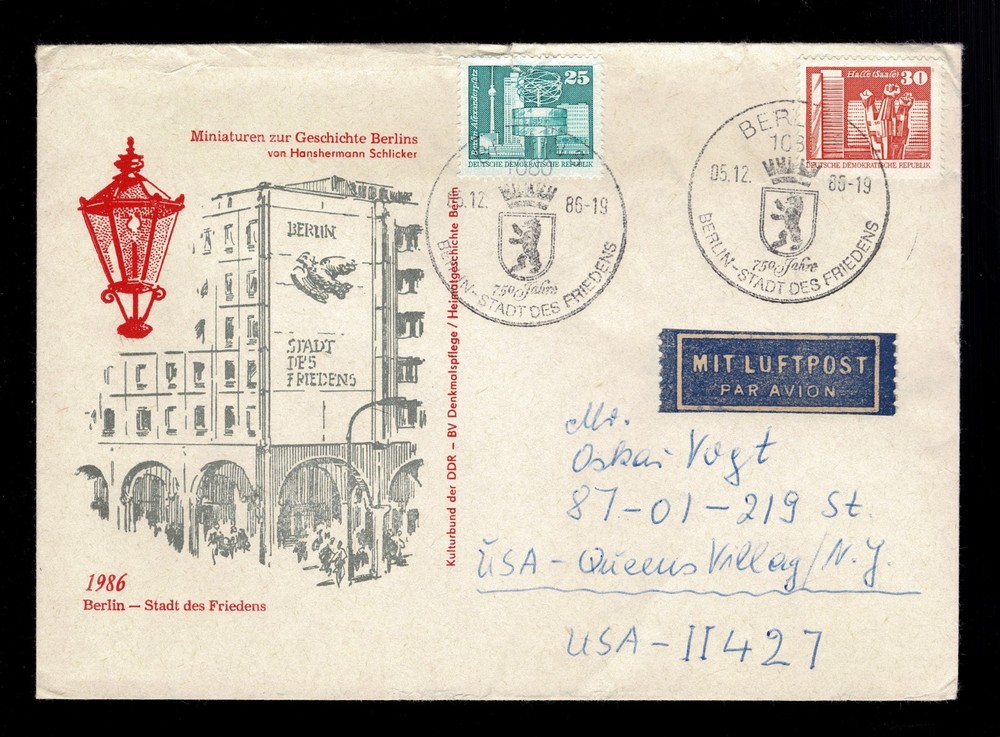 EAST GERMANY (DDR) To US;1986 “STADT DES FRIEDENS” COMMEMORATIVE AIRMAIL COVER