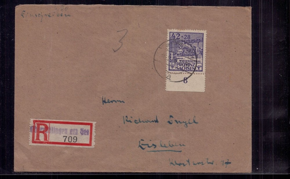 Allied occupation registered letter SBZ Saxony to Eisleben 1946
