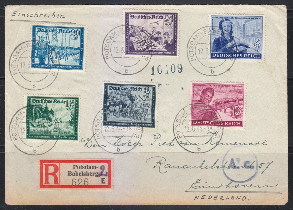 1944 WWII Registered Cover Potsdam to Eindhoven Feldpost 10409 Set Mi 888-893