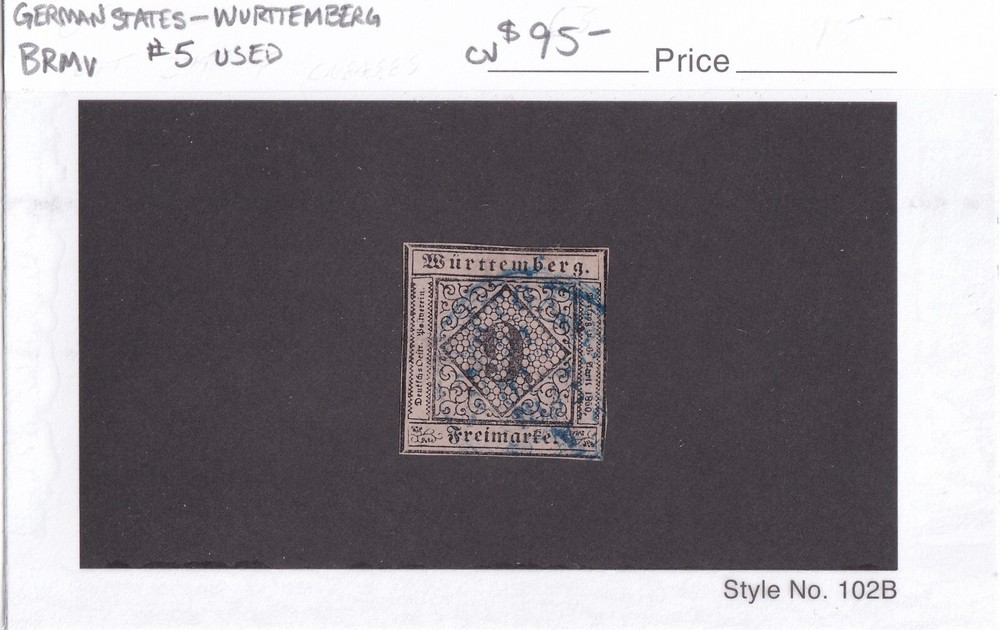 MATT’S STAMPS GERMANY WURTTEMBERG, #5 POSTAGE ISSUE OF 1851-1852, USED CV$95