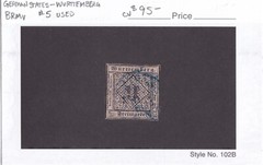 MATT’S STAMPS GERMANY WURTTEMBERG, #5 POSTAGE ISSUE OF 1851-1852, USED CV$95