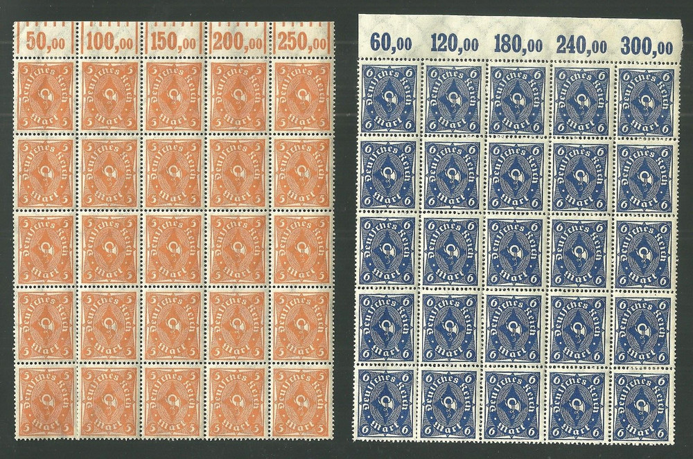 Vintage 1922-23 Germany Scott #188 & 189 Blocks of 25 Stamps 1 MNH 1 Mint Hinged