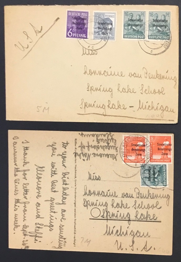 GERMANY SOVIET ZONE OVPT COVER & POSTCARD LEIPZIG TO MICHIGAN USA