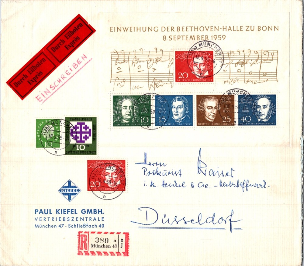 GERMANY 1959 POSTAL EXPRESS ADDR COVER BEETHOVEN SOUVENIR SHEET POSTMARK MUNCHEN