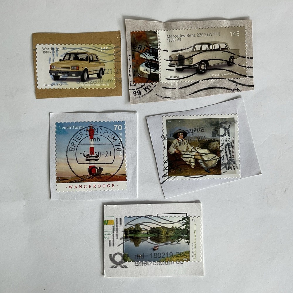 5 Germany stamps~2015-2018~Automobile~Mercedes Benz 220S~Wartburg 1.3~lighthouse