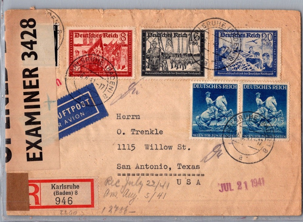 GERMANY 1941 REG DUAL CENSORED COVER MULT FRANKING ADDR USA POSTMARK KARLSRUHE