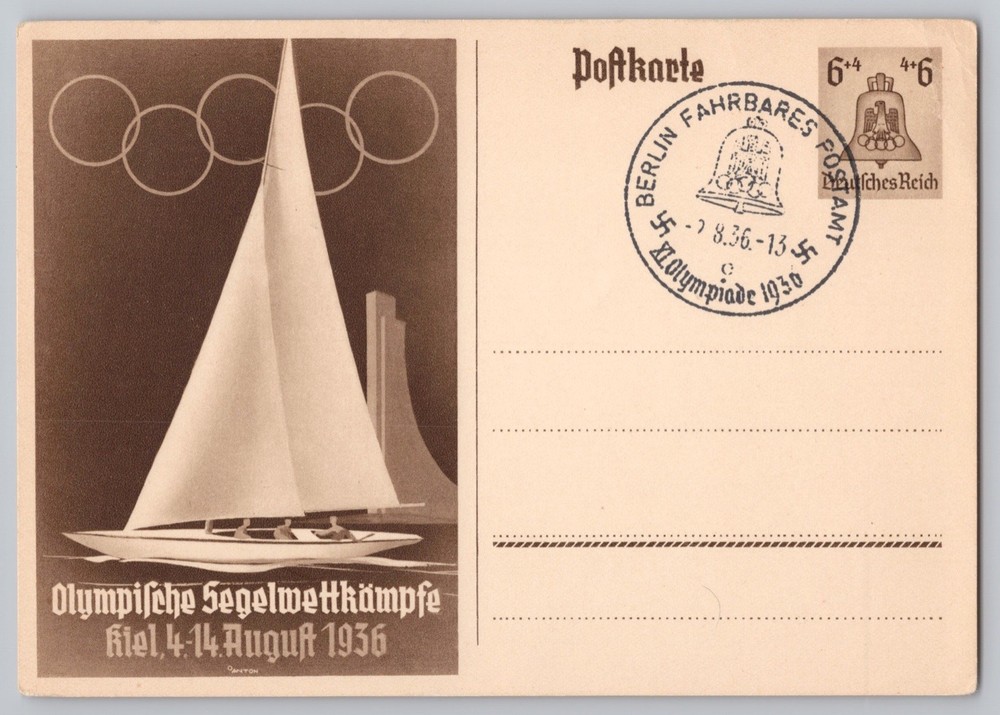 Germany 1936 Olympics Sailing Kiel Postal Stationery Berlin Postmark 6+4pf