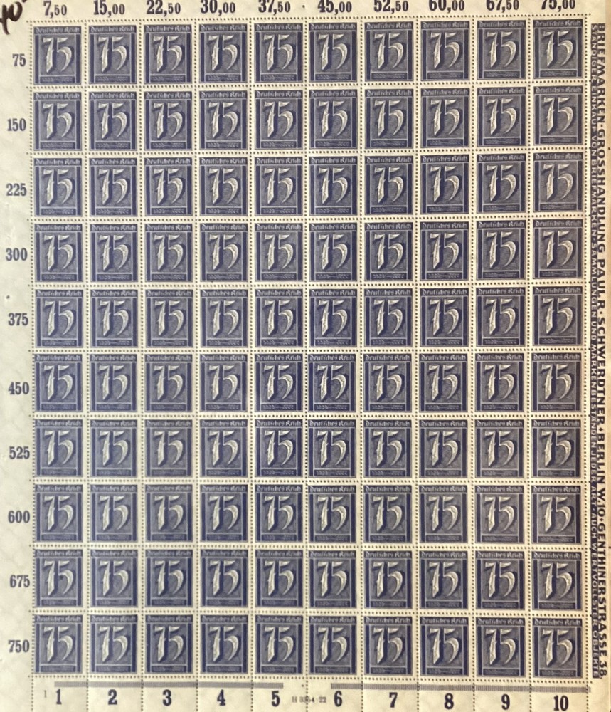 German Third Reich 75 Reichspfennig Blue Numeral Stamp Sheet of 100