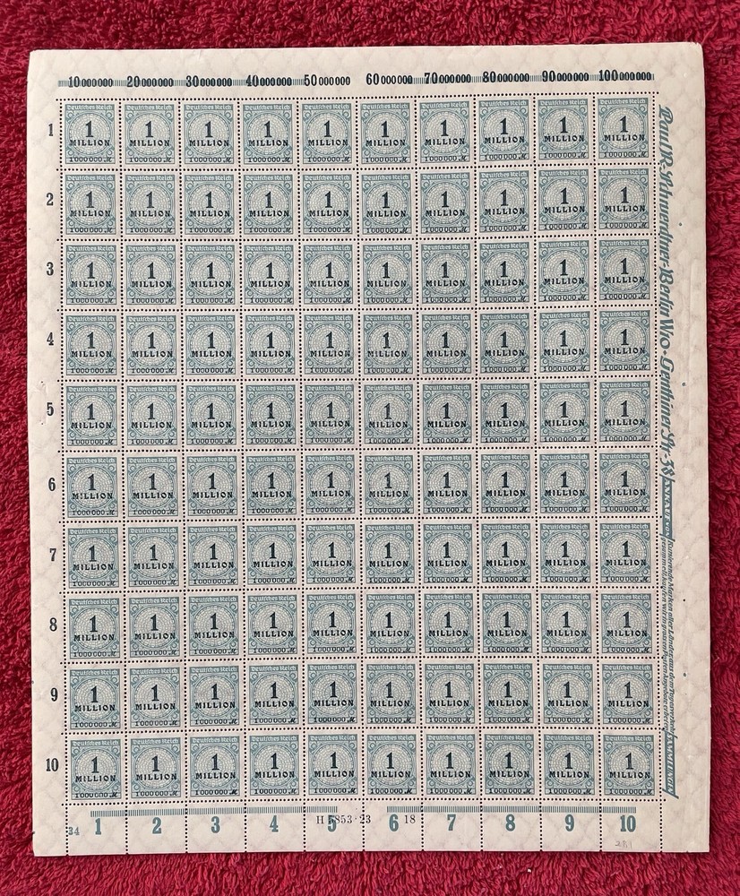 Germany #281, 1,000,000marks, type-2 Hyperinflation Mint sheet/100 (R12-107/1)
