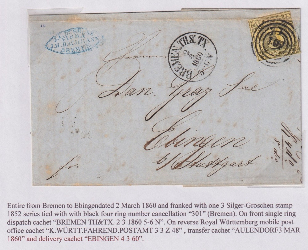 Thurn&Taxis 1860 MI 6 folded firm letter Bremen to Ebingen